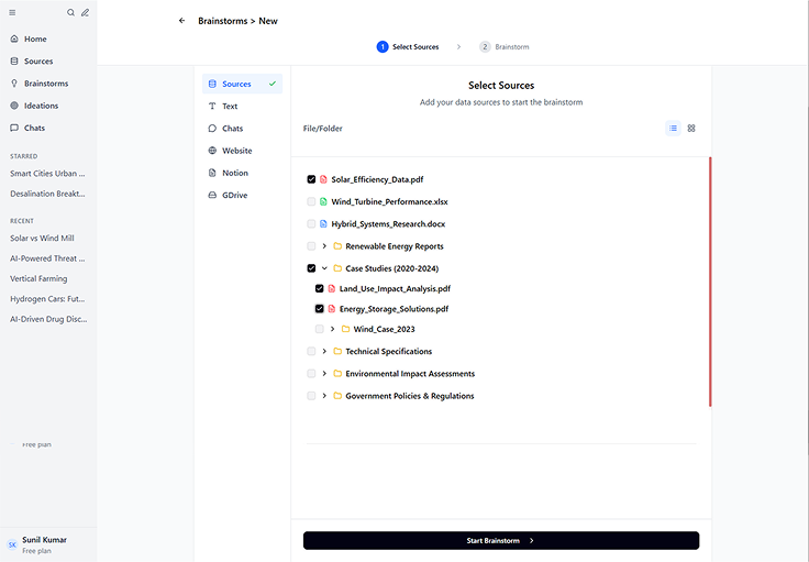 AI-powered research dashboard (RAG + LLM) showing data visualizations and collaboration workspace
