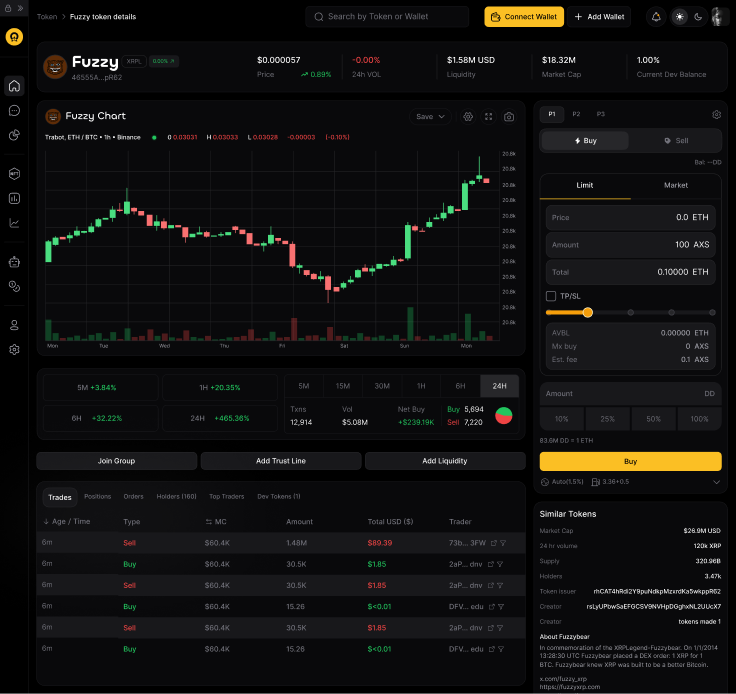 Fintech crypto trading platform UI — dark-light-themed trading dashboard